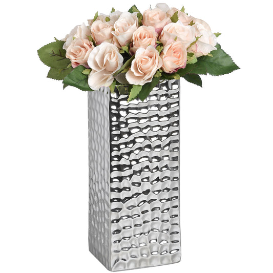 Square Silver Ceramic Dimple Effect Vase