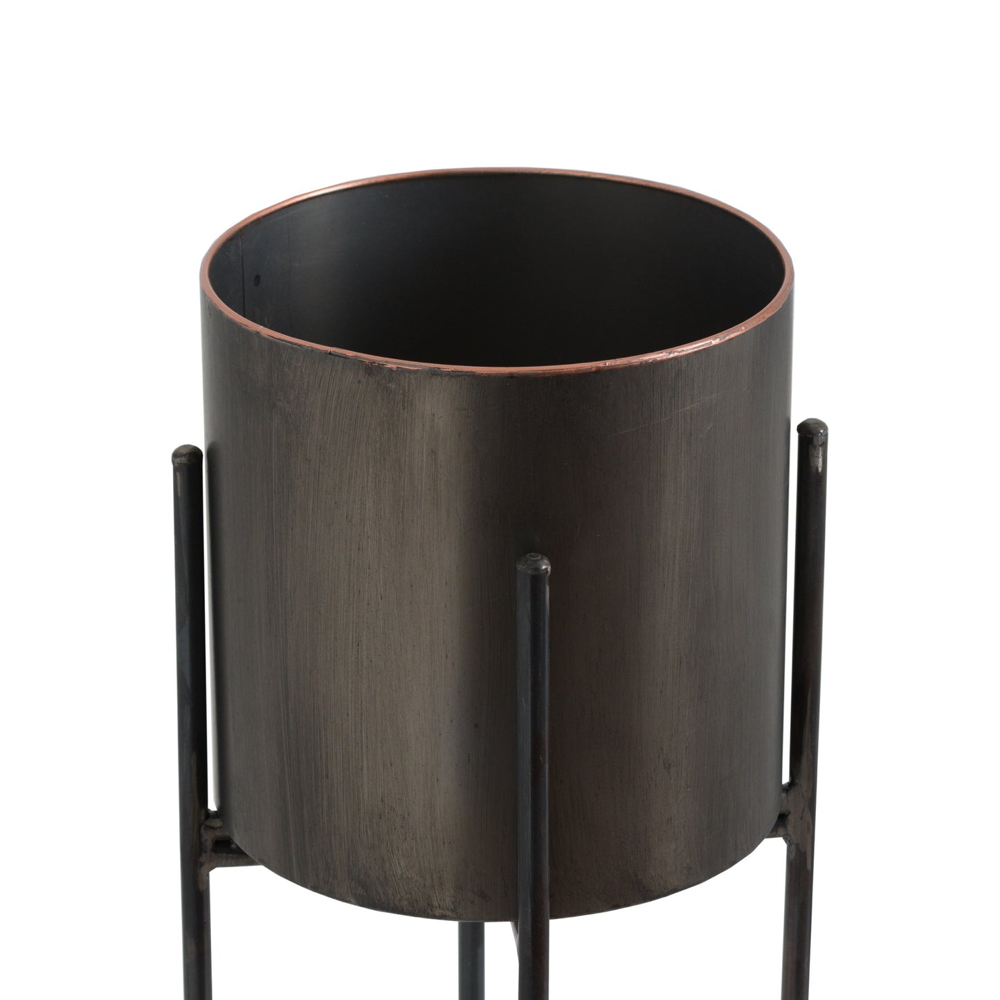 Large Gun Metal Grey Cylindrical Planter On Black Frame