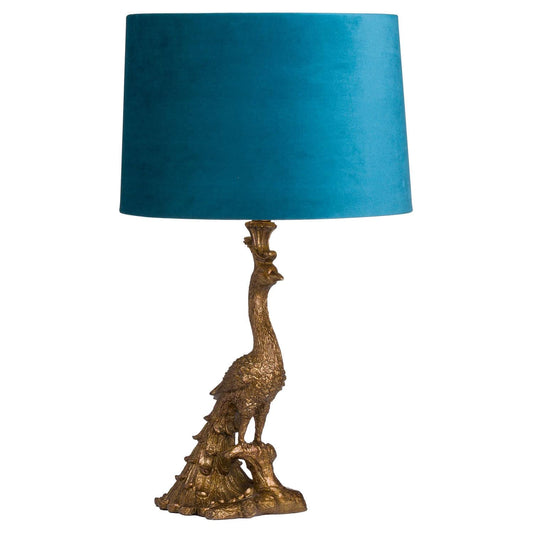 Antique Gold Peacock Lamp With Teal Velvet Shade