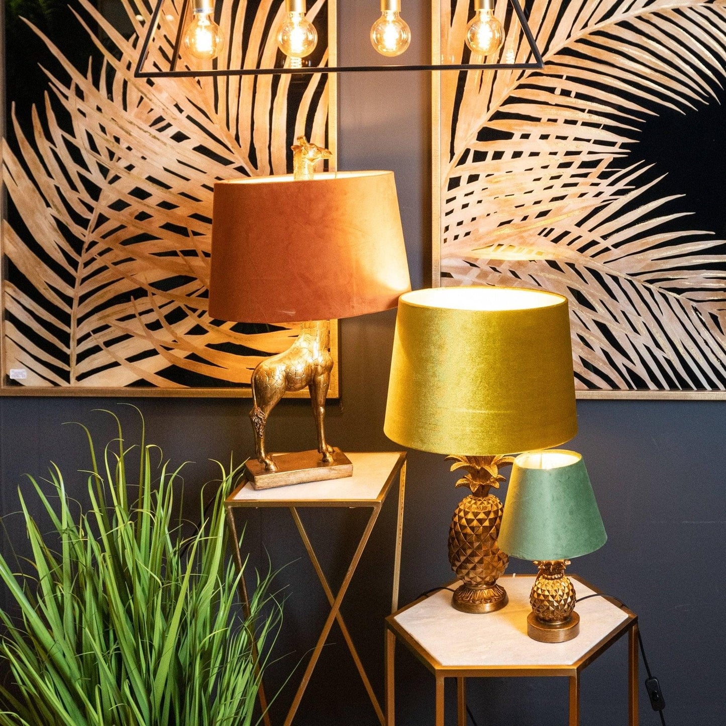 Antique Gold Giraffe Lamp With Burnt Orange Velvet Shade