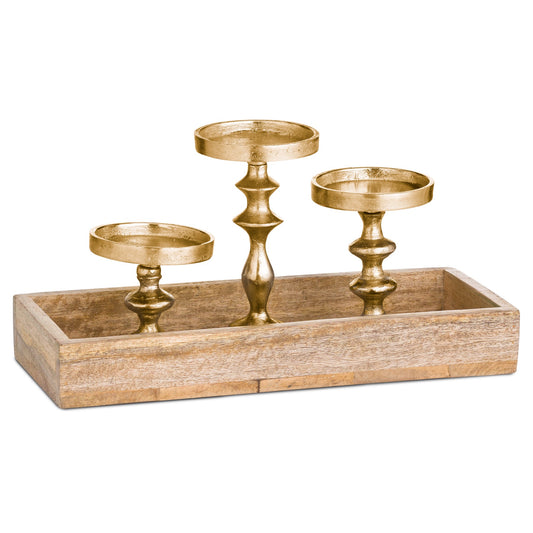 Hardwood Display Tray With Three Candle Holders