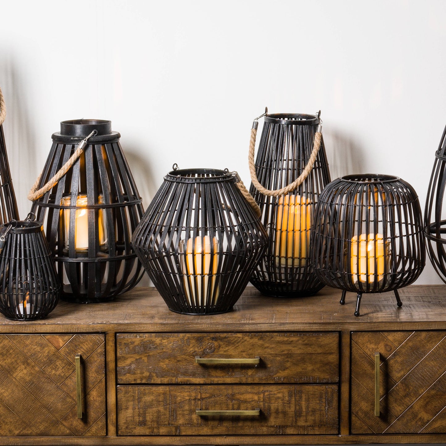 Black Rattan Large Convex Lantern