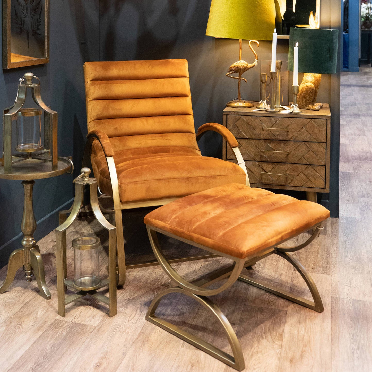 Burnt Orange And Brass Ribbed Footstool