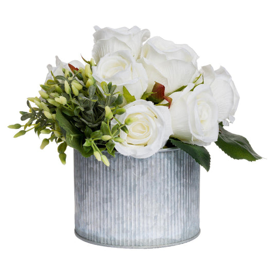 White Rose Bouquet In Tin Pot