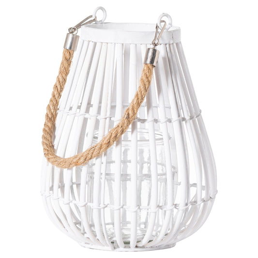 Small Domed White Rattan Lantern With Rope Detail