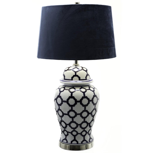 Acanthus Blue And White Ceramic Lamp With Blue Velvet Shade