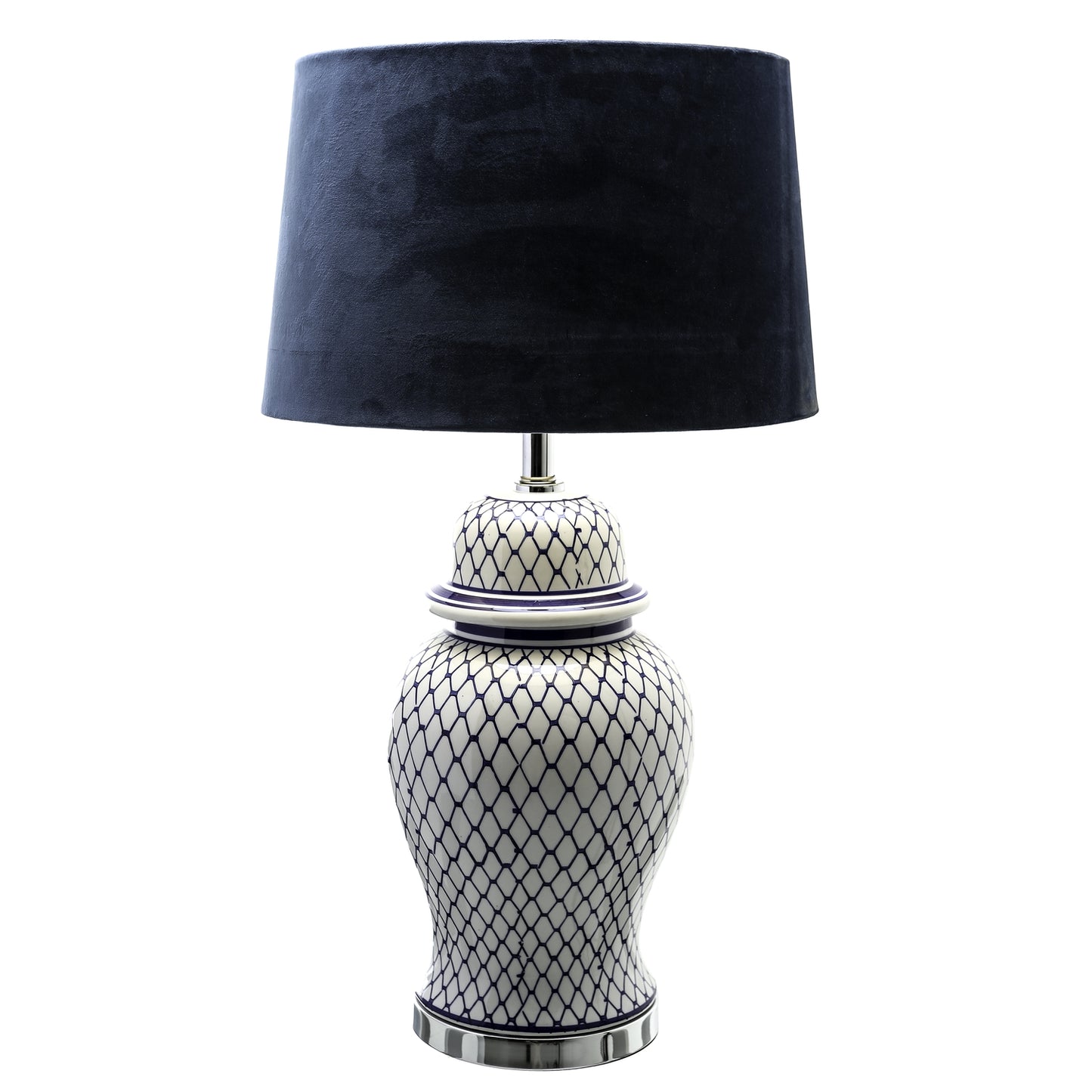 Malabar Blue And White Ceramic Lamp With Blue Velvet Shade